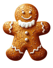 Festive gingerbread man cookie with sweet icing decorations and textured surface.