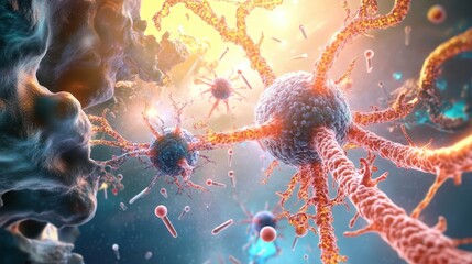 Stylized illustration of human immune cells attacking pathogens