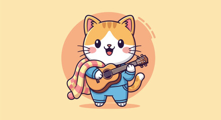 Cartoon cat playing guitar with joy and musical notes illustration