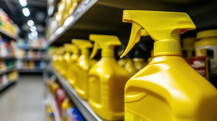 Yellow Spray Bottles Lined on a Shelf Displaying Cleaning Products