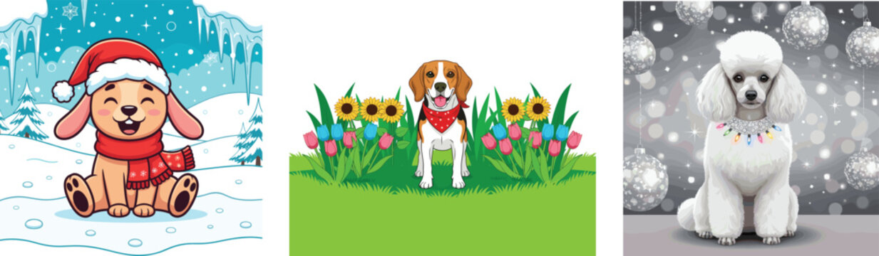 Seasonal Dog Vector Art Bundle: Christmas Puppy, Summer Beagle, and Elegant Winter Poodle Illustrations