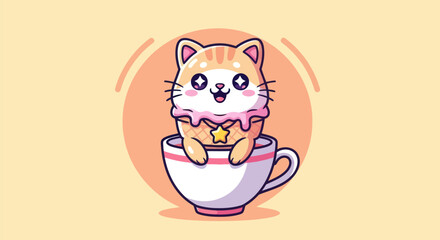 Cartoon cat sitting inside ice cream cone cup with soft pastel colors