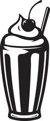 Black and white illustration of a milkshake with whipped cream cherry and straw drink beverage