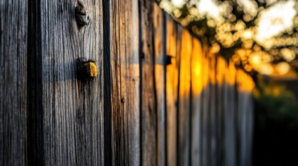Weathered wooden fence with sunlight casting shadows