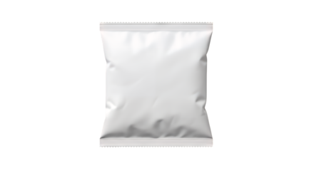 Blank white matte aluminum foil snack food pouch packaging bag mockup template, ideal for brand design, isolated on transparent background