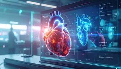 Heart models glow red and blue on screen in lab, with blurred figure
