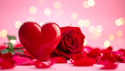 Heart, rose, and petals against blurred bokeh on a soft pink surface evoke love and celebration