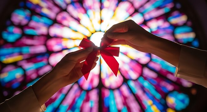 Hands tying a red ribbon bow in front of a colorful stained glass window