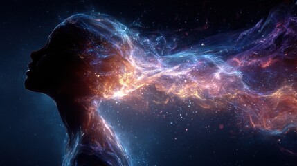 Woman spirit surrounded by colorful energy flow in a vibrant galaxy cosmos with bright stars and cosmic elements illuminated in the dark expanse