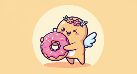 Cartoon character holding donut with sprinkles against a yellow backdrop