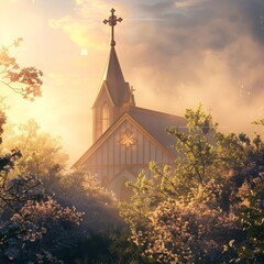 realistic church building at sunrise, soft golden light illuminating the cross on top