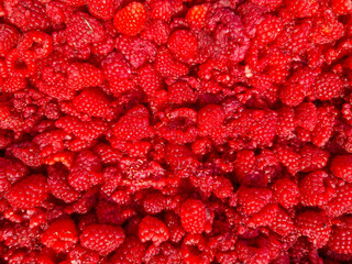 Macro view of ripe red raspberries forming a textured pattern