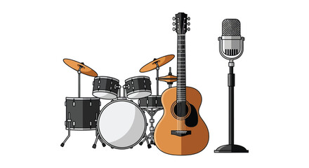 Acoustic guitar, drum set, and vintage microphone are arranged for a musical performance.