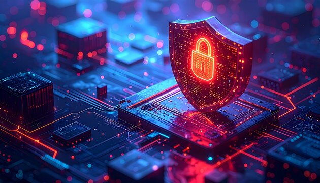 Glowing shield with padlock sits atop an intricate circuit board with vibrant red and blue light trails