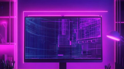 Futuristic office desk with neon glow and digital blueprint - Powered by Adobe
