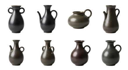 Collection of eight rustic dark ceramic pitchers and traditional stoneware vessels in various shapes with distinct handles, perfectly isolated on a transparent background