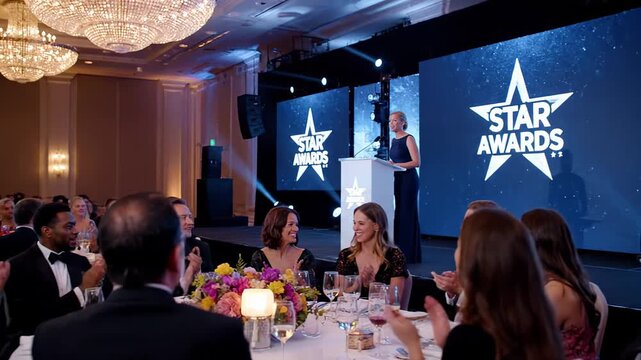 Elegant woman in green gown chats and celebrates with colleagues while a presenter speaks to an applauding audience at a formal corporate awards gala in a ballroom setting