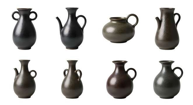Collection of eight rustic dark ceramic pitchers and traditional stoneware vessels in various shapes with distinct handles, perfectly isolated on a transparent background