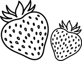 Black and white illustration of two strawberries, , showcasing their seeds and leafy tops for simple coloring book