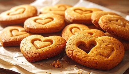 Heart-shaped cookies with central heart cutouts rest on crinkled parchment paper on a wooden surface, bathed in warm light
