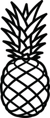 Black outline drawing of a pineapple, , showcasing its textured skin and spiky crown for simple coloring book
