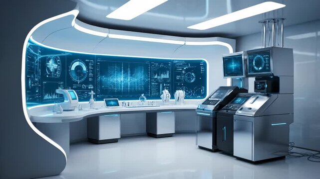 This futuristic lab features advanced technology and glowing blue screens. It represents a modern control room for scientific research.