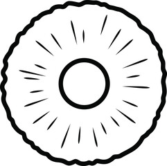 Black outline drawing of a pineapple slice, , showing its ring shape and inner texture for simple coloring book