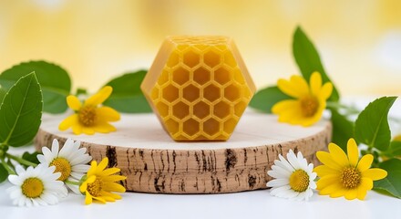 A hexagonal yellow object with honeycomb pattern rests on a wooden slice, surrounded by flowers and green leaves. A sunny backdrop