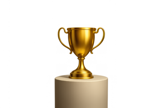 Gold winners trophy standing on a beige pedestal, symbolizing success, first place, achievement, and championship - Powered by Adobe