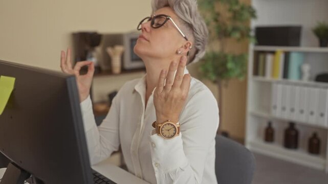 Woman wearing white shirt making ok sign with hands at office desk in front of computer monitor; mindfulness practice. - Powered by Adobe