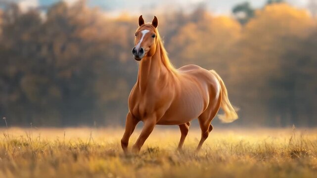 Powerful palomino horse running swiftly through a sunlit field