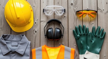 Safety gear and protective equipment arranged on wooden surface. Features hard hat, goggles, earmuffs, gloves, and vest. Perfect for workplace safety training or construction materials.