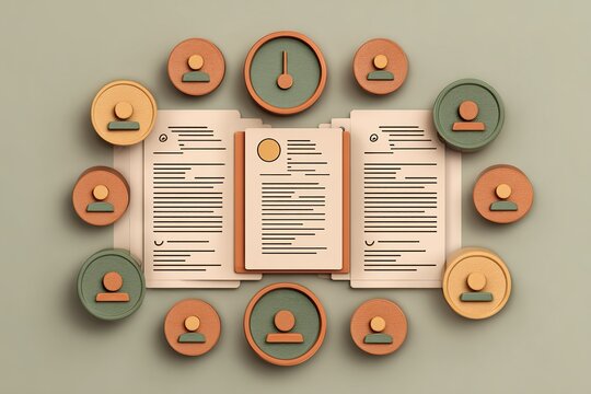 Creative representation of documents and icons showcasing teamwork and collaboration in a professional setting