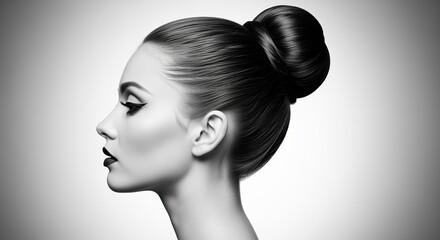Woman in profile with sleek hair styled in an elegant high bun. Perfect for beauty salons, hair care products, fashion magazines, and professional styling portfolios.