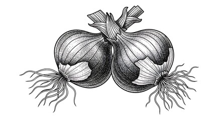Two onions with roots and stems illustration