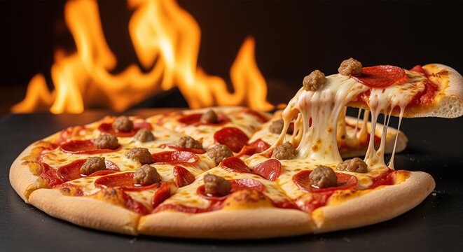 Hot pizza with melted cheese stretches from a lifted slice. Topped with pepperoni and meatballs on golden crust. Flames blaze in background. Perfect for restaurant menus and food ads.