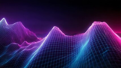 Neon wireframe grid mountains simulating digital landscape - Powered by Adobe