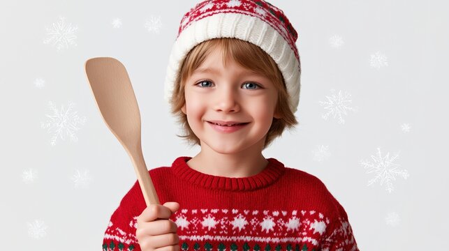 Smiling caucasian child in winter attire holding wooden spoon with snowflake background