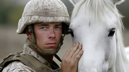 Caucasian young male soldier with white horse in outdoor setting