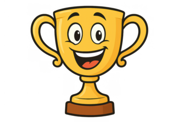 Golden trophy cup cartoon character smiling representing success, winning, achievement, reward and championship concept