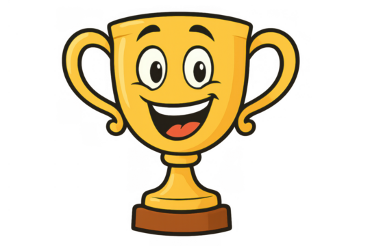 Golden trophy cup cartoon character smiling representing success, winning, achievement, reward and championship concept
