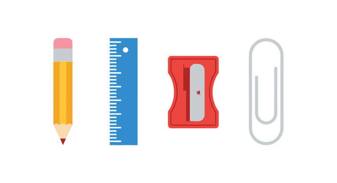 A pencil, ruler, sharpener, and paperclip are displayed on a white background.