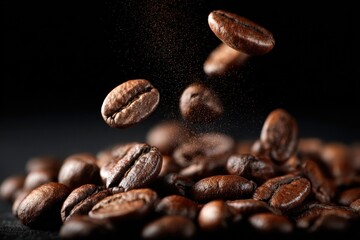 Fototapeta premium Roasted Coffee Beans Falling on Pile Against Black Background.