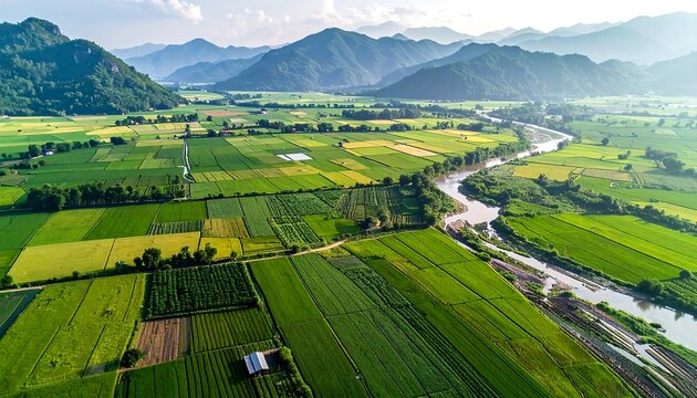 Lush green fields, mountain backdrop, river meandering. Scenic, rural, serene, high-angle view