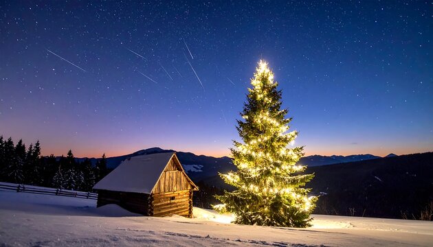 Illuminated Christmas tree near snowy cabin under a starry night sky with meteors in a winter landscape