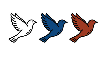 Obraz premium Three stylized birds in white, blue, and red colors fly on a white background.