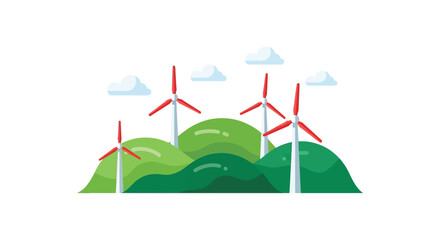 Wind turbines stand on rolling green hills under a cloudy sky.