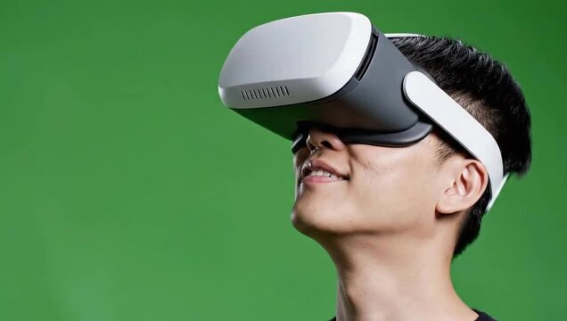 A smiling Asian man wears a white VR headset against a vibrant green backdrop, illuminated by soft, even lighting, creating a futuristic, optimistic ambiance.
