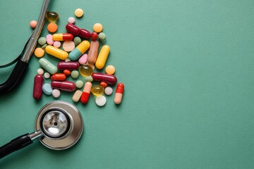 Medical Still Life - Stethoscope and Pills on Green Background.