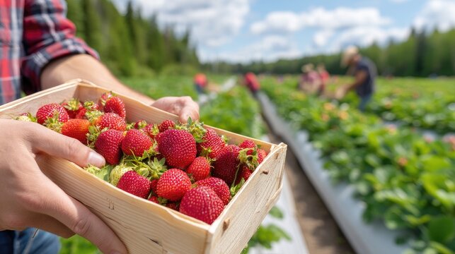 Group of workers carefully picking ripe strawberries from the plants, filling green baskets in a sunny field, focused on their task